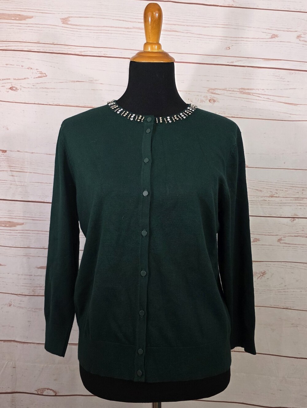 Cable & Gauge Button Down Cardigan Sweater 3/4 Sleeve Forest Green Size XL